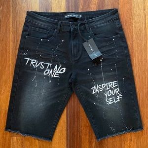 Black Denim Shorts Size “32 w/ Paint Splatter and Print. Brand New w/ Tags